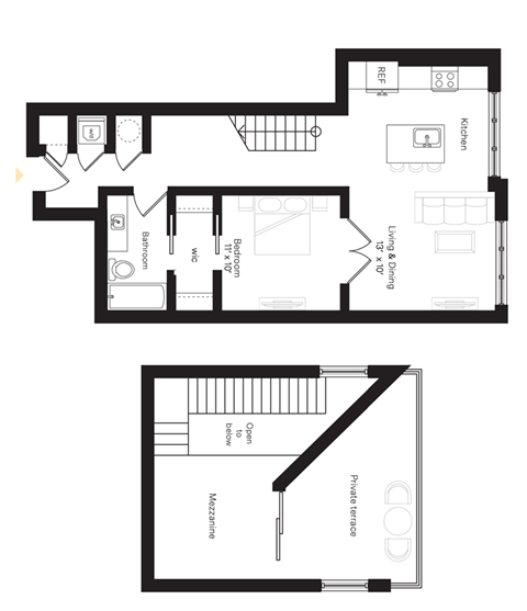Floor plan for 1 bed, 1 bath, 990 sqft